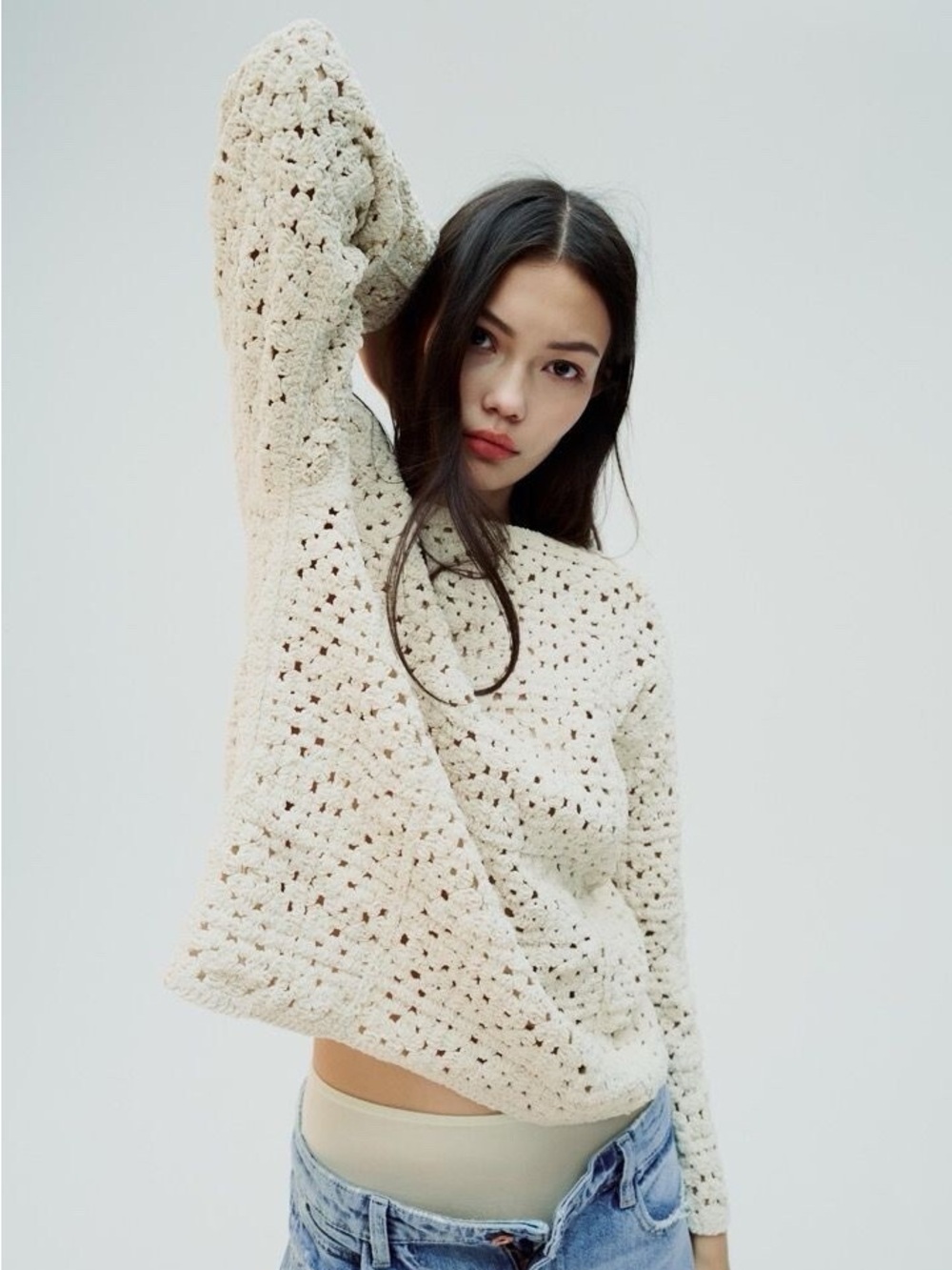 Zara Women's Crochet Chenille Sweater Medium Cream Open Weave Knit Boho Neutral
